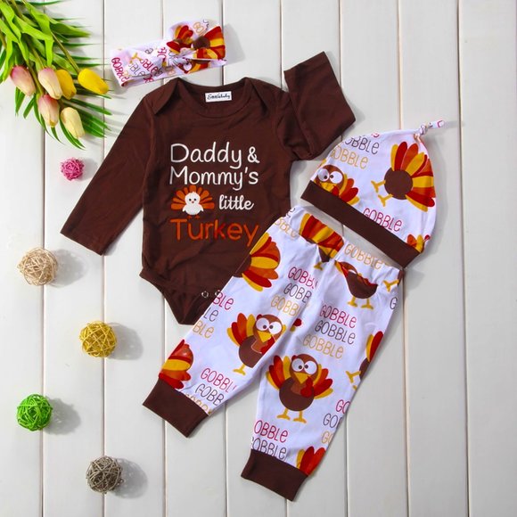 NEW Infant Unisex Daddy & Mommy's Little Turkey Thanksgiving 4 Pc Outfit - Picture 1 of 7